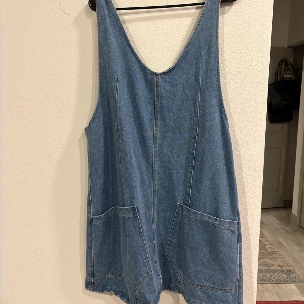 Denim Overall Mini Dress Jumper Adjustable Straps Pocket Front Blue Size L XL